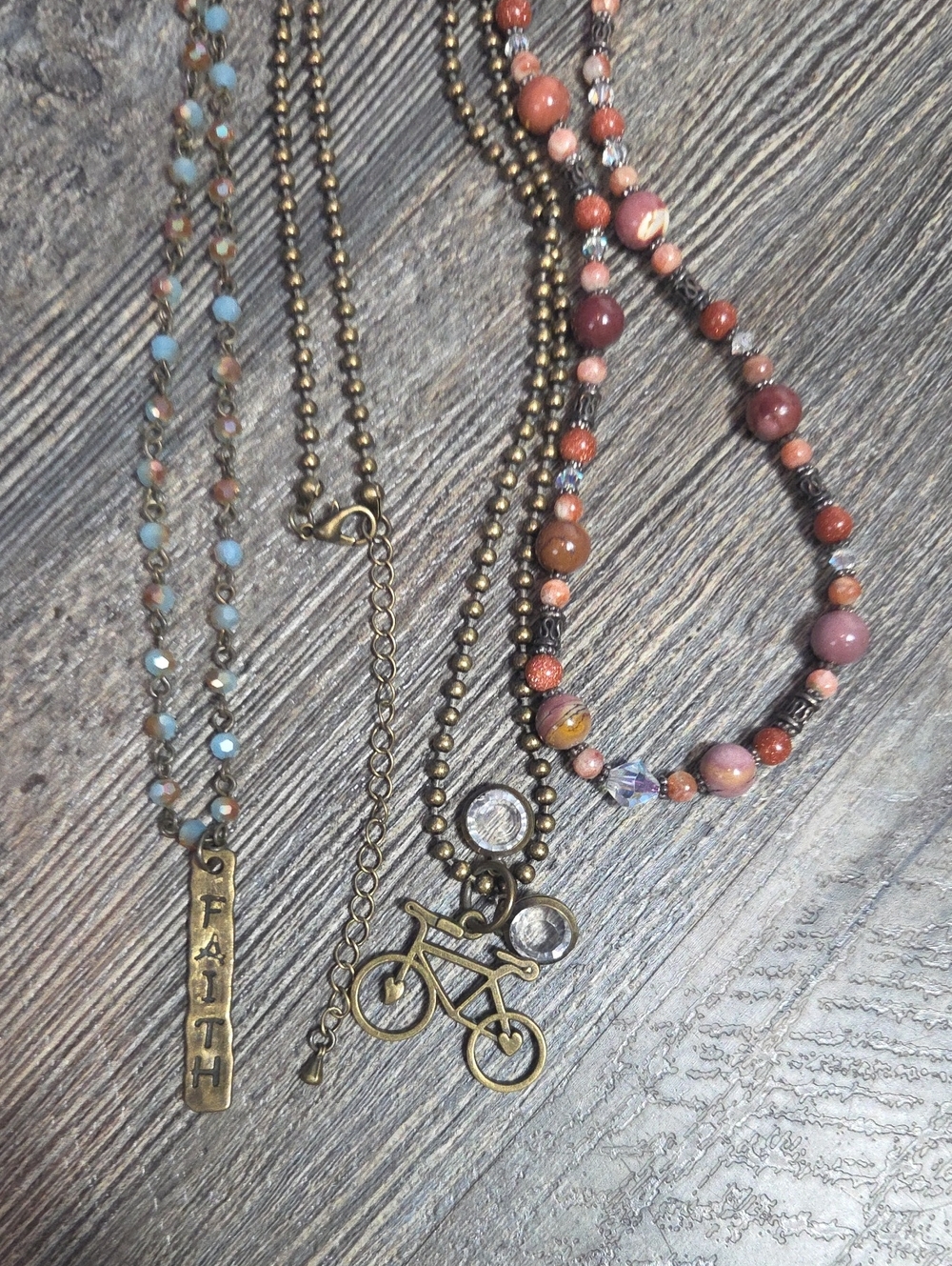 Beaded Pink Stone Necklace Ensemble with Bicycle & 'Faith' Charms